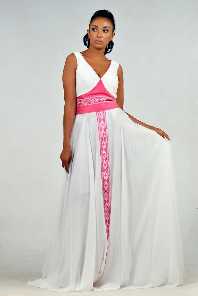 White Maxi dress with traditional pink fabric